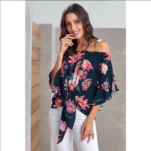 Tops - Summer floral tie-knot off shoulder top